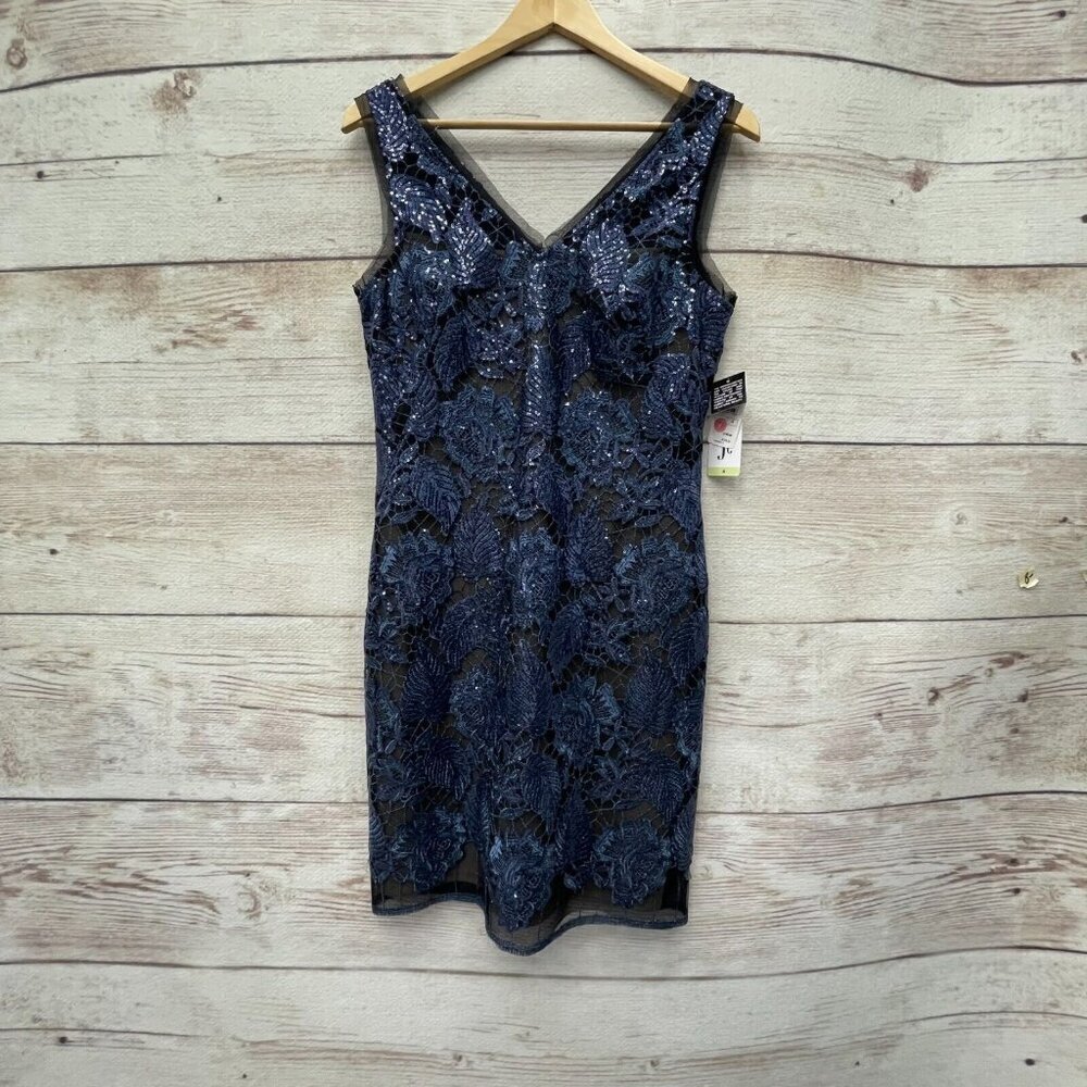 Julia Jordan dress size 4 bodycon fitted navy blue shimmer beaded‎ lace overlay